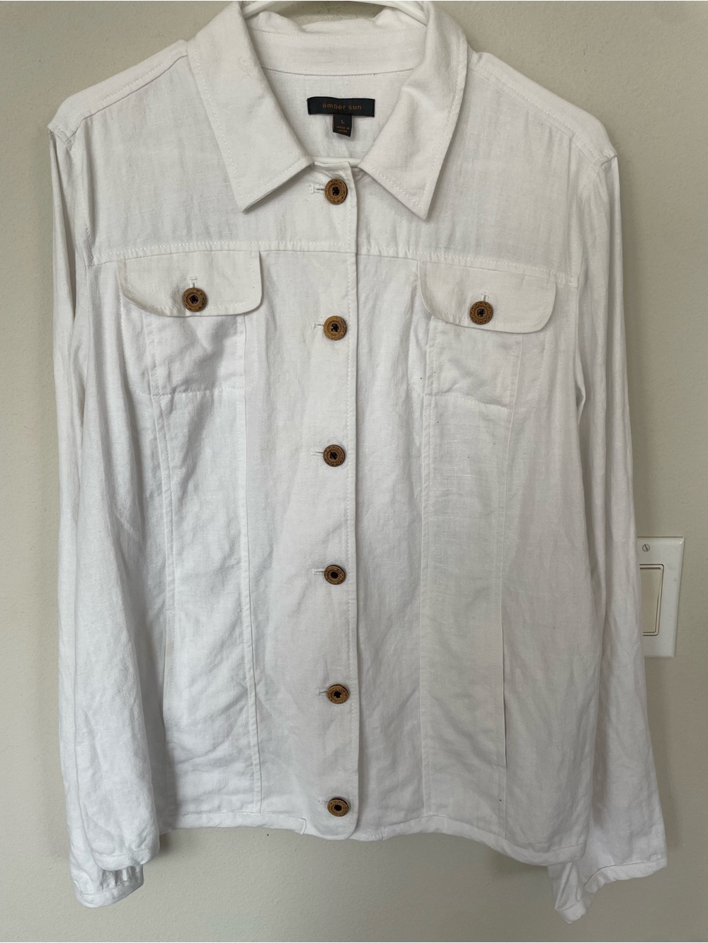 Amber Sun Women White 45%Linen 55%Cotton Blend Jacket Size L Bottom Up Pockets